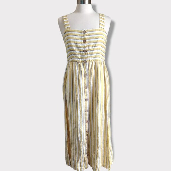 Rachel Zoe 100% Linen Button Front Maxi Dress Size 4  Yellow Ivory‎ Striped - Picture 1 of 16